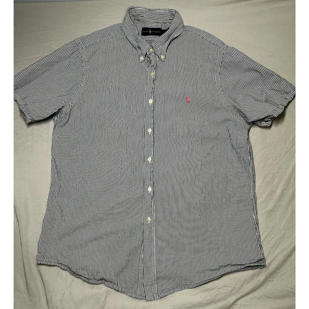 Ralph Lauren Shirt Mens XL‎ Blue White Stripe Seersucker Short Sleeve Pink Pony